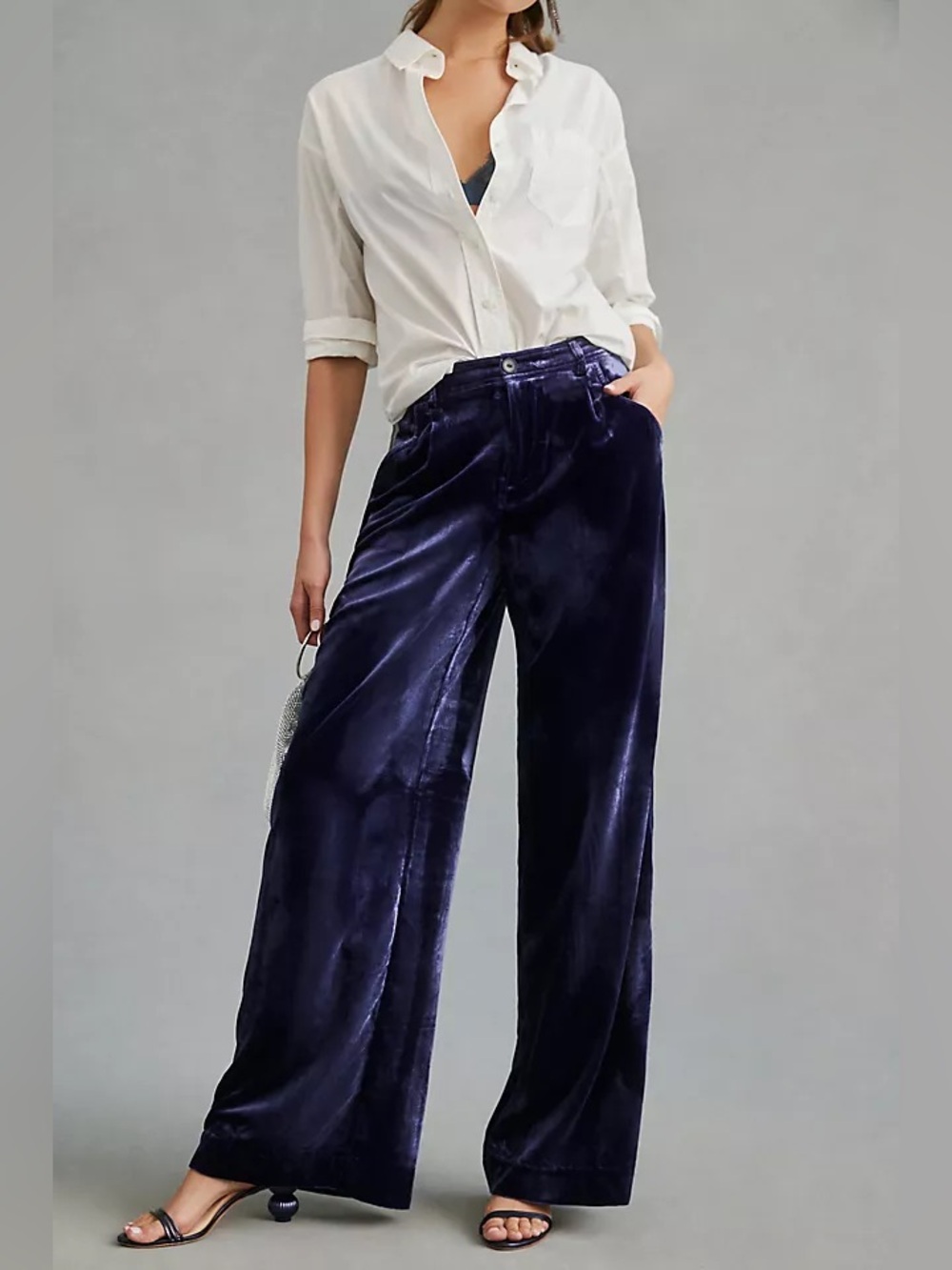 Anthropologie Wide Leg Velvet Stretch Trousers in Blue